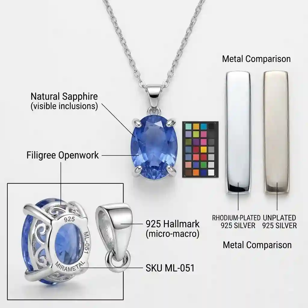 natural gemstone necklace - Material comparison ML-051 MIRAMETAL natural sapphire pendant necklace showing 925 sterling silver hallmark rhodium plated finish and authentic gemstone