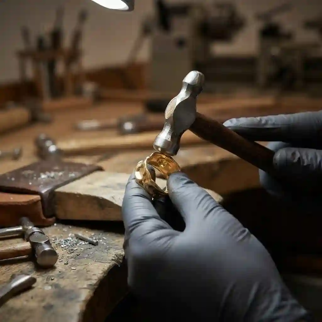 Artisan hand-hammering molten texture MIRAMETAL ML-0546 silver sculptural earrings workshop process