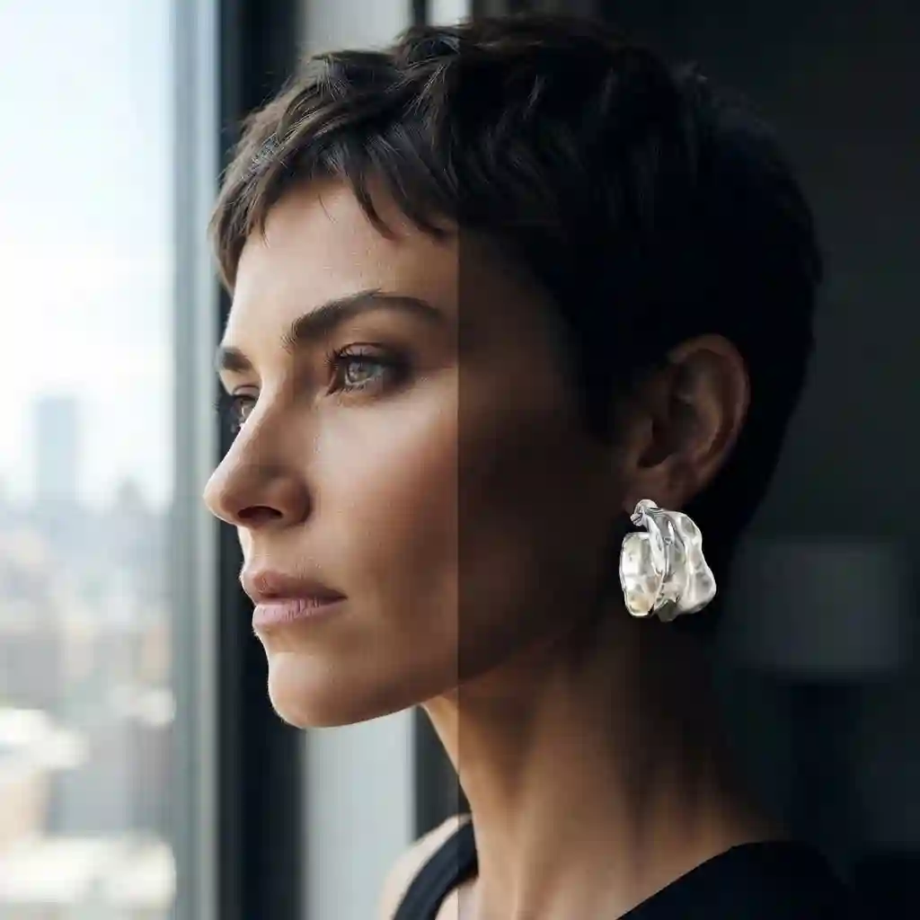 Empowering woman wearing MIRAMETAL ML-0546 silver sculptural earrings urban confidence jewelry editorial
