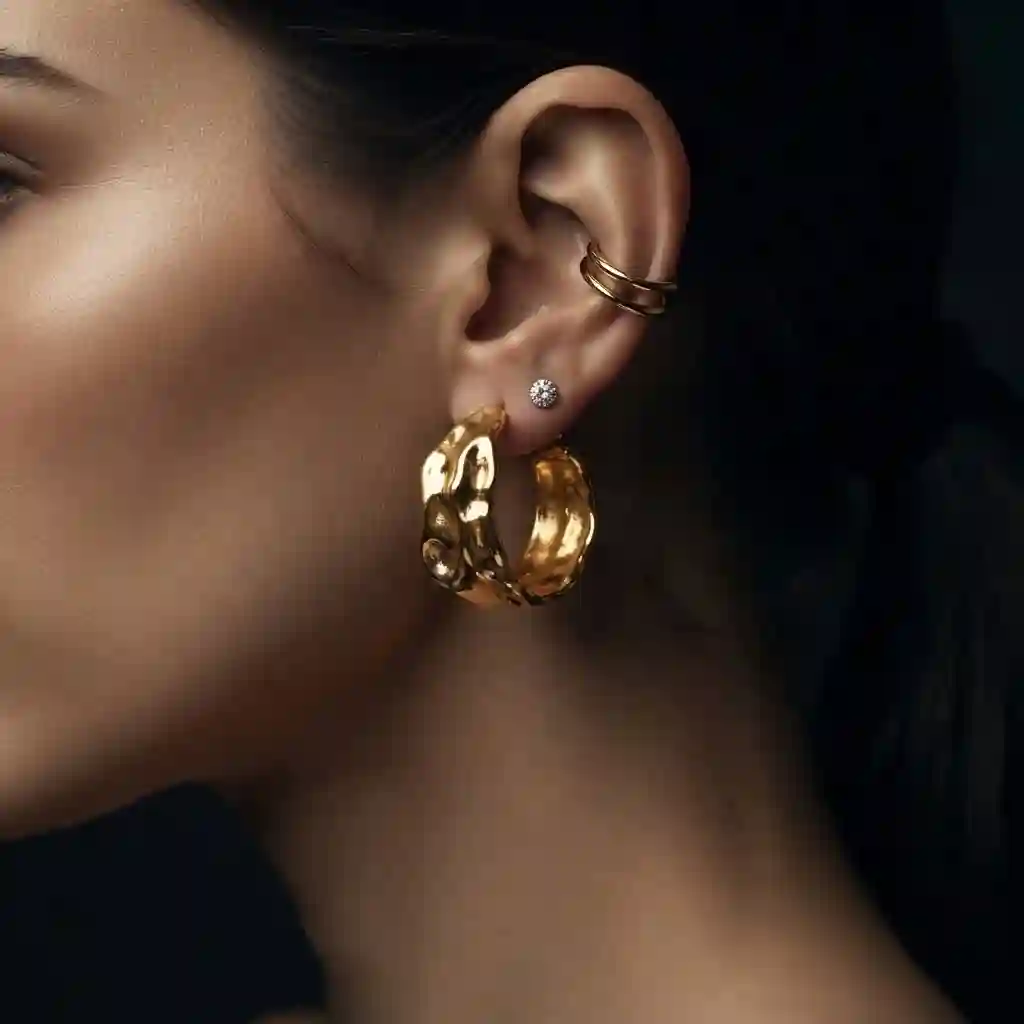 Styling guide MIRAMETAL ML-0546 sculptural earring stacked with hoop and stud earrings layering jewelry