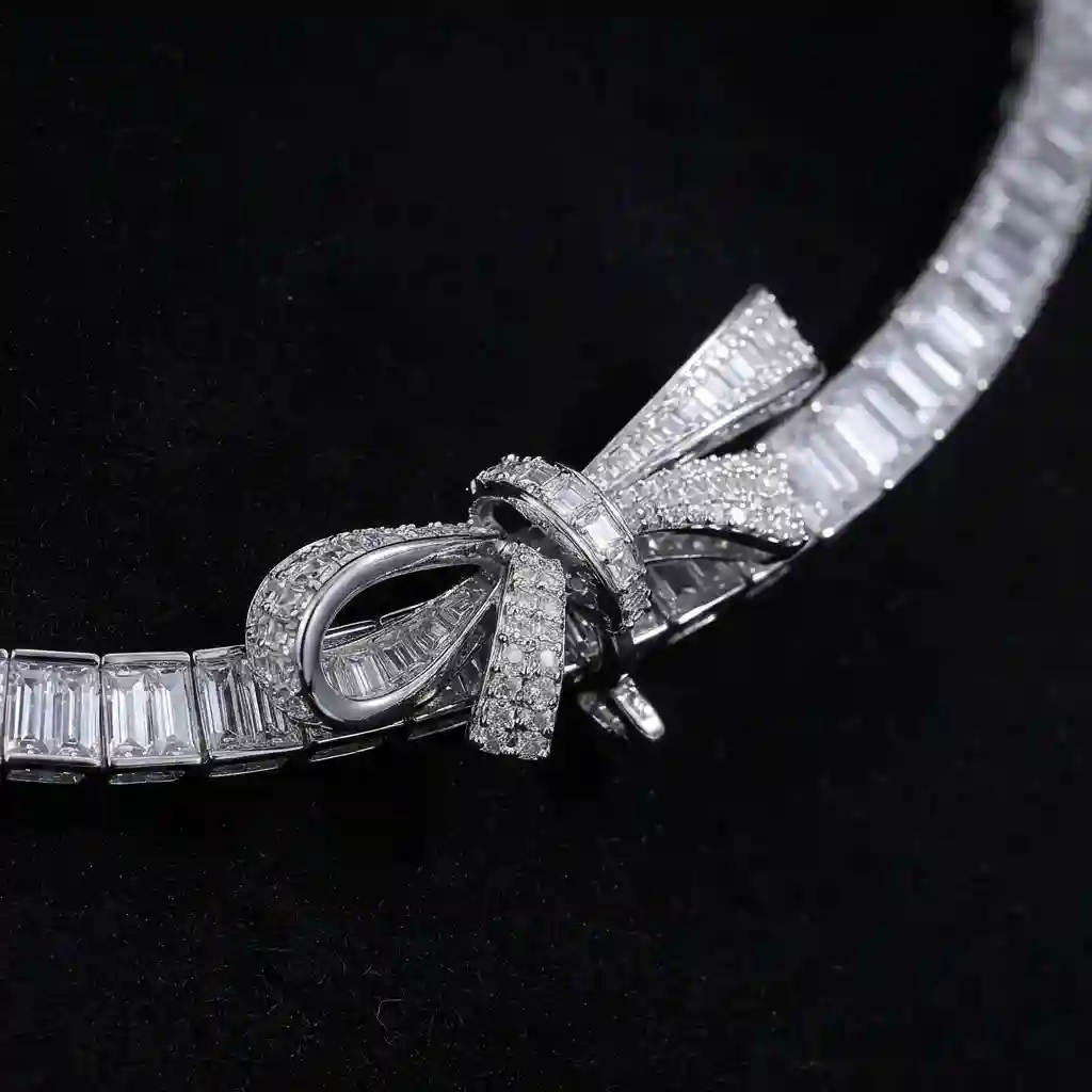 MIRAMETAL Bow Choker Necklace macro bow clasp full-pave cubic zirconia baguette chain 925 silver