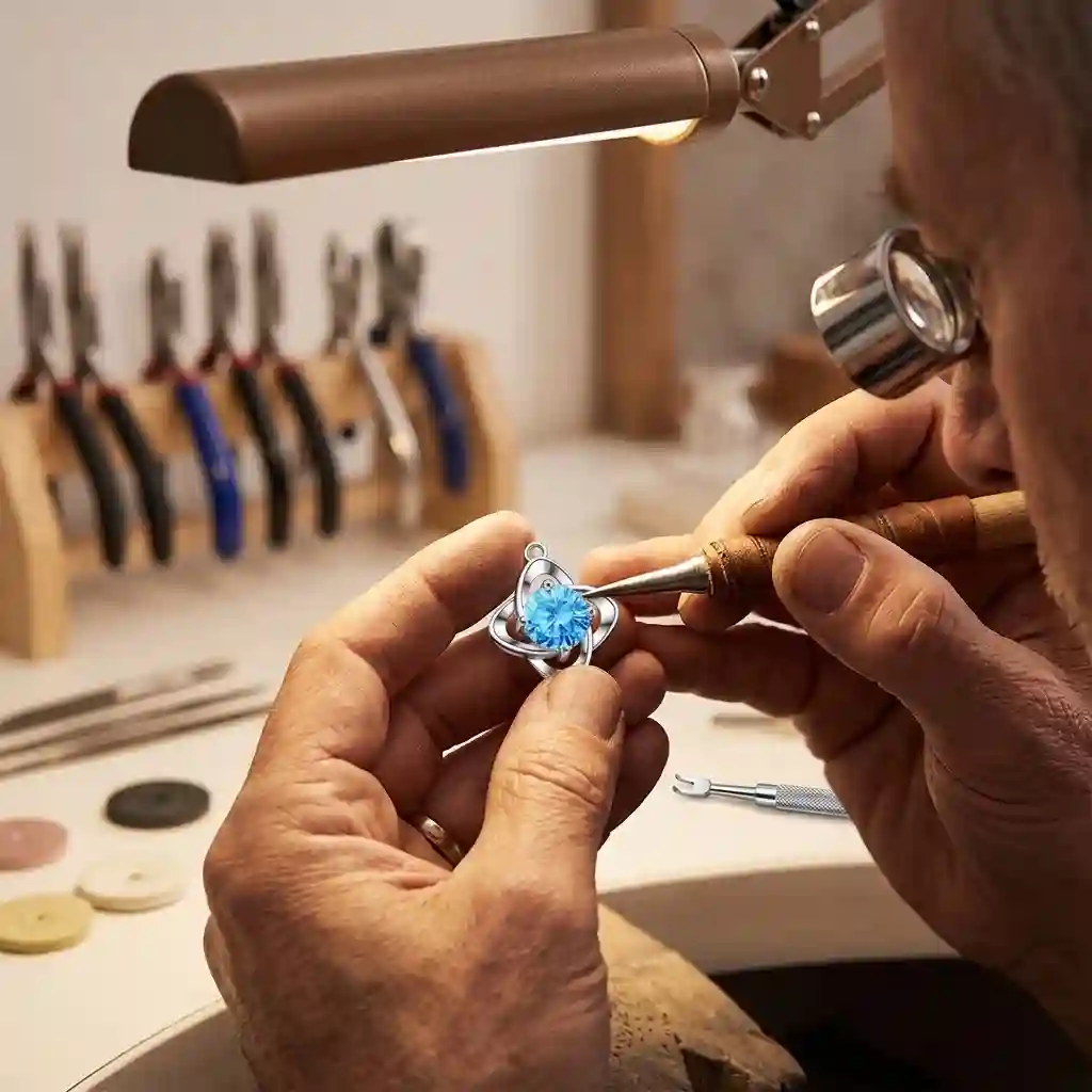 The craftsmanship process of MIRAMETAL ML-0968, showing artisans focusing on the intricate four-leaf clover hollow-out frame and prong setting.