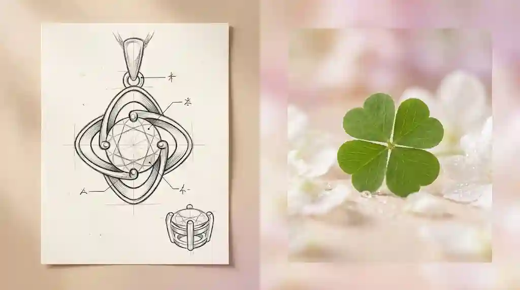 Design story of MIRAMETAL ML-0968, blending the timeless round brilliant cut with the elegant symbol of a four-leaf clover for a lucky and feminine design.