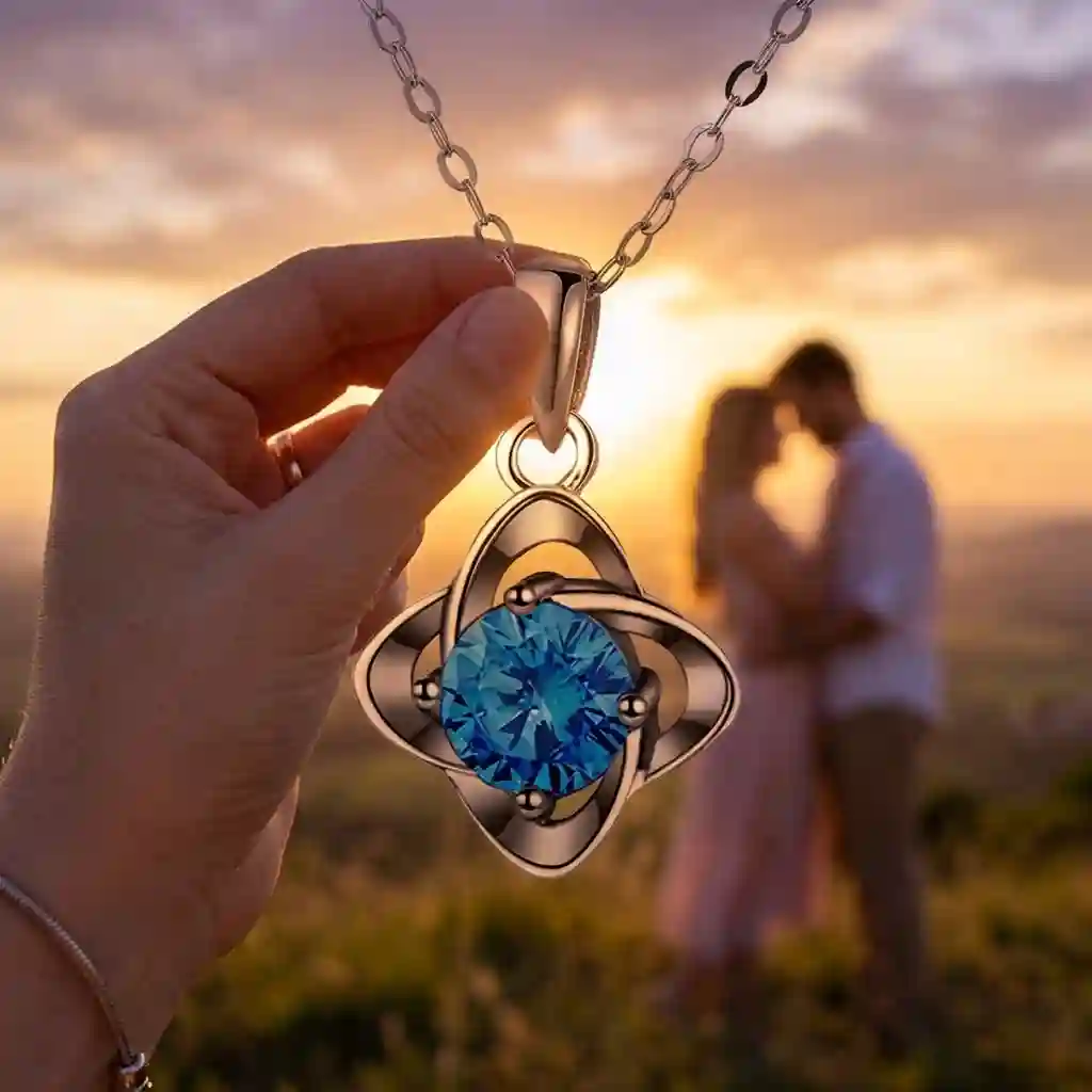 MIRAMETAL ML-0968 zircon pendant symbolizes luck and love, captured in a warm, emotional sunset scene.