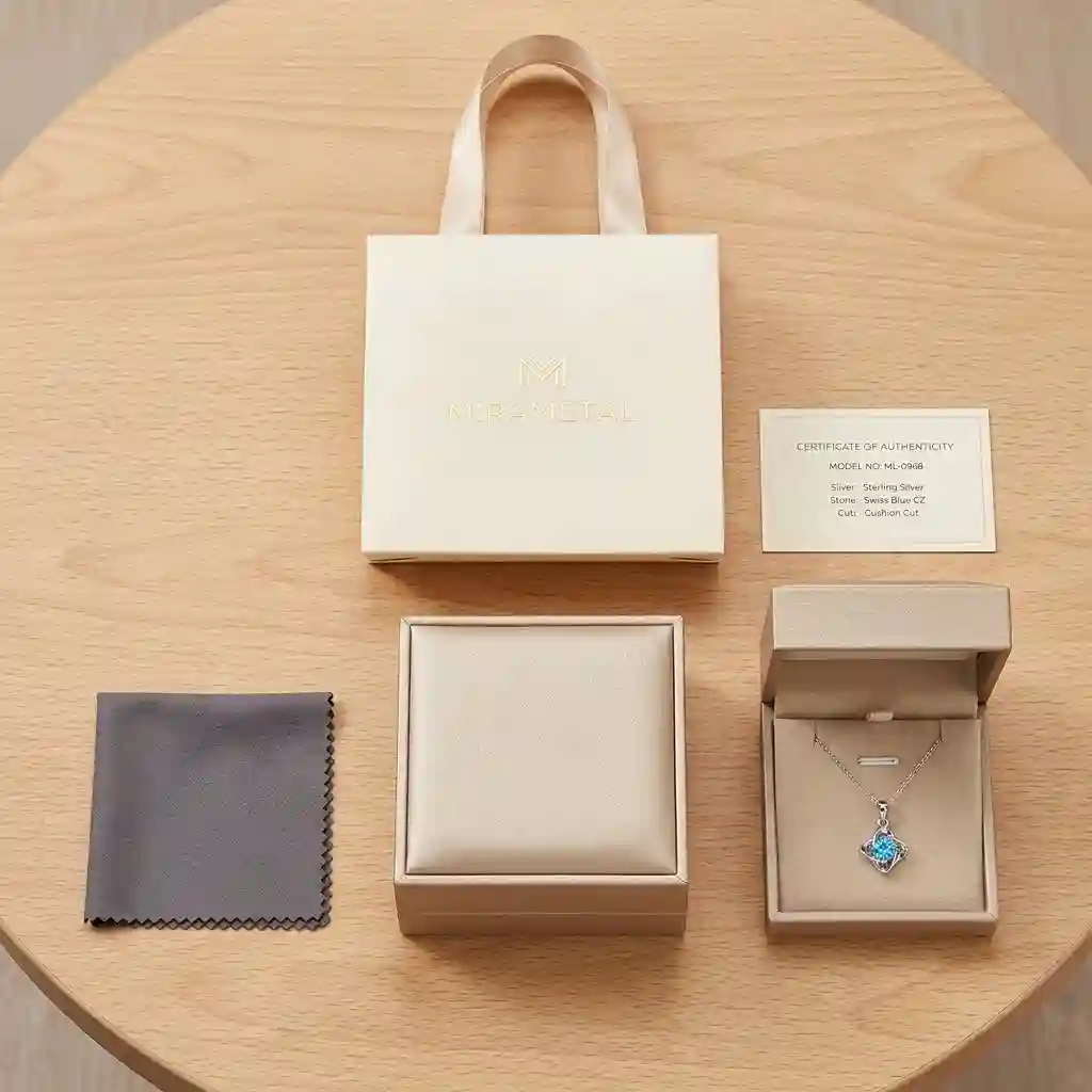 The complete MIRAMETAL ML-0968 luxury unboxing experience including a premium jewelry box, brand shopping bag, and authenticity card.