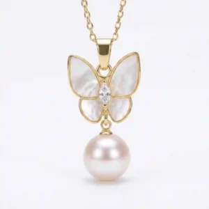 MIRAMETAL ML-0970 Butterfly Pearl Pendant Necklace, gold-plated 925 silver, with four white mother-of-pearl wings, a marquise-cut zircon center, and a round pearl drop, isolated on white background.