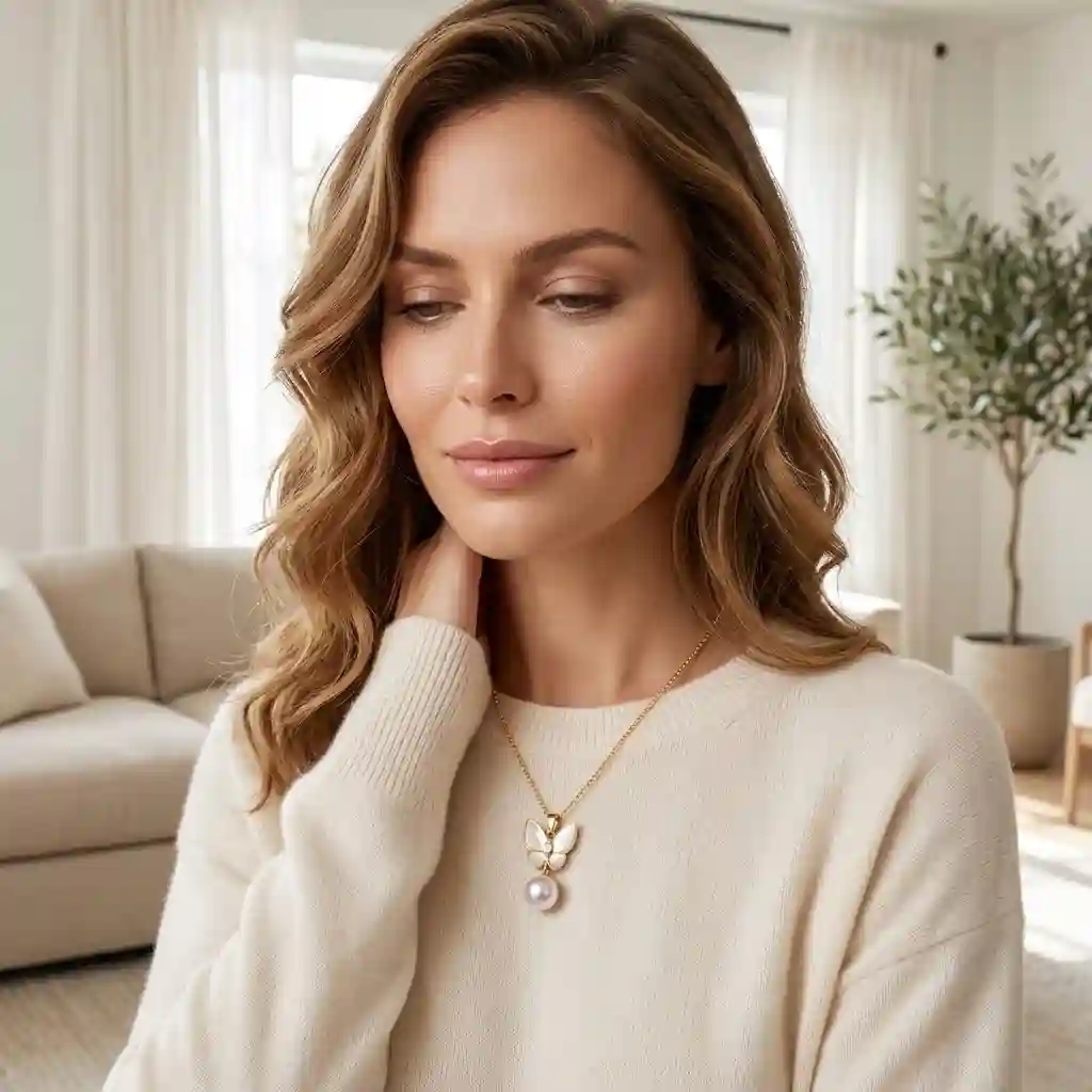 An elegant woman wearing MIRAMETAL ML-0970 butterfly pearl necklace, the gold butterfly and pearl drop complementing her sophisticated style. - butterfly fringe necklace