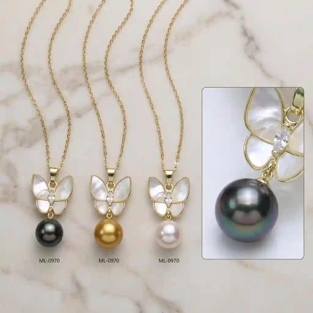butterfly fringe necklace - MIRAMETAL ML-0970 butterfly pearl necklace available in three pearl colors: mysterious black (peacock green), luxurious golden, and romantic white with