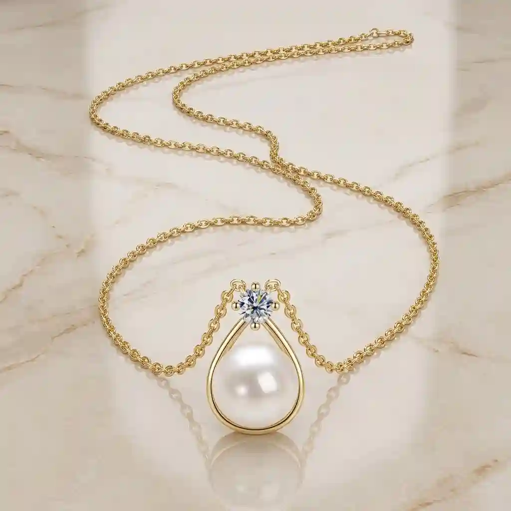 MIRAMETAL ML-1004 Gold Pearl Pendant Necklace with Diamond Teardrop Design