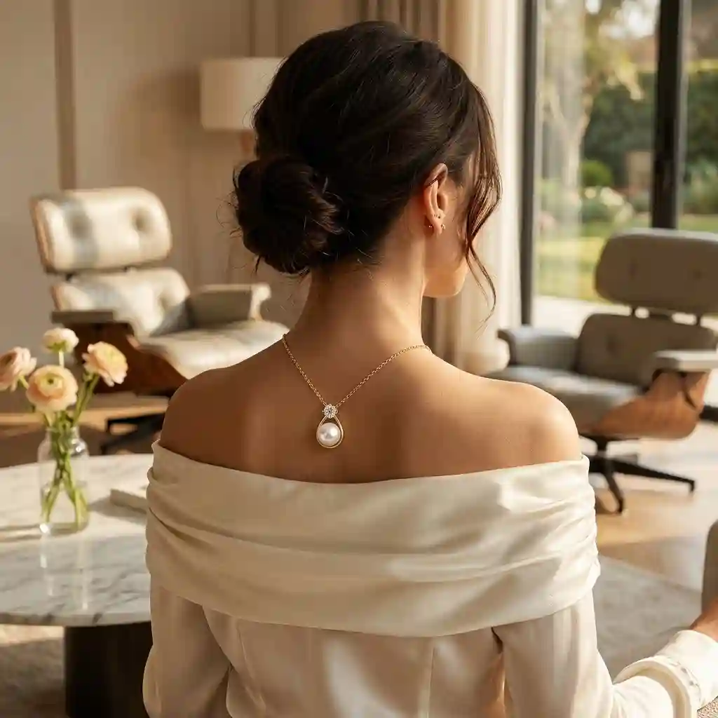 A woman wearing the ML-1004 gold pearl pendant necklace, elegant and sophisticated