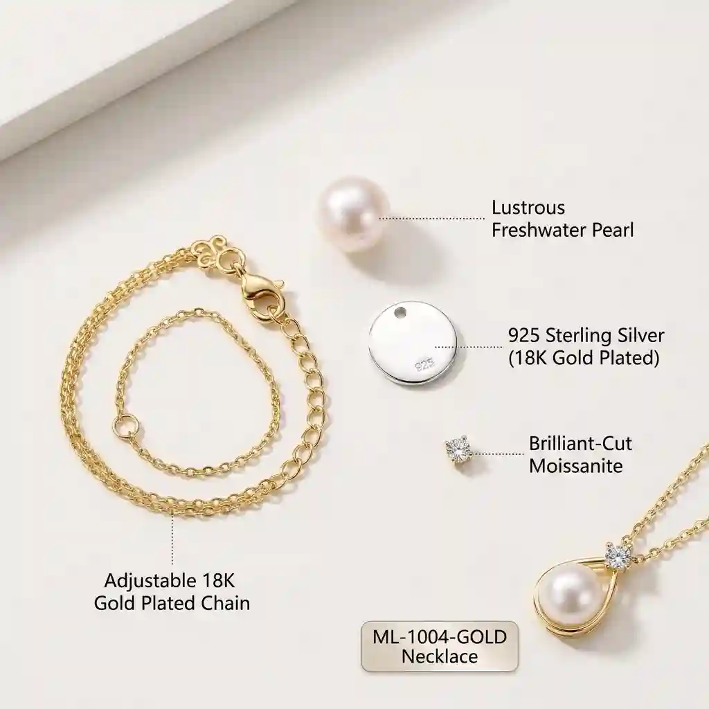 Materials of ML-1004 gold necklace: 925 silver, 18K gold plate, pearl, moissanite - pearl pendant necklace