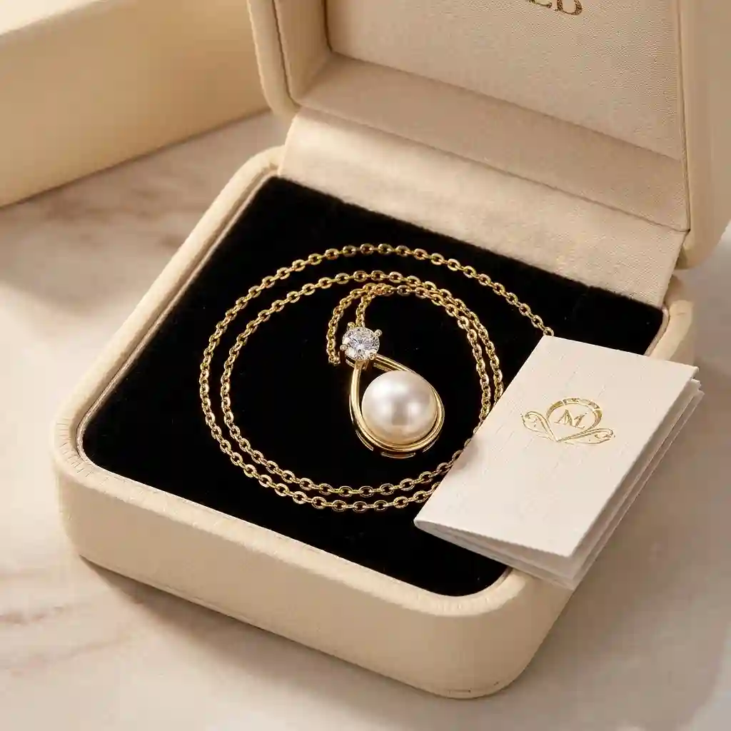 ML-1004 gold pearl pendant necklace elegantly placed inside a luxury gift box