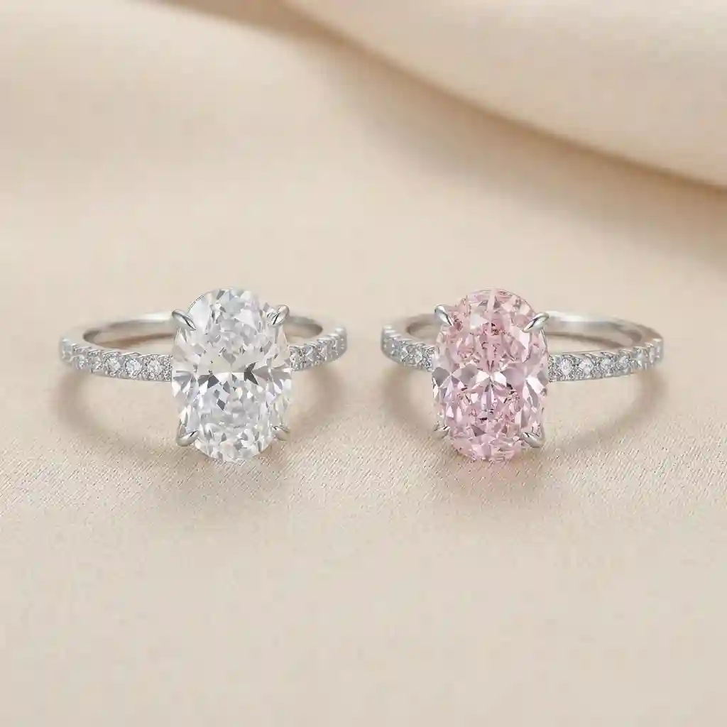 french vintage ring - ML-1063 ring comparison showing white crystal and pink crystal oval center stone options – 925 sterling silver four-prong setting with pave diamond accent ban