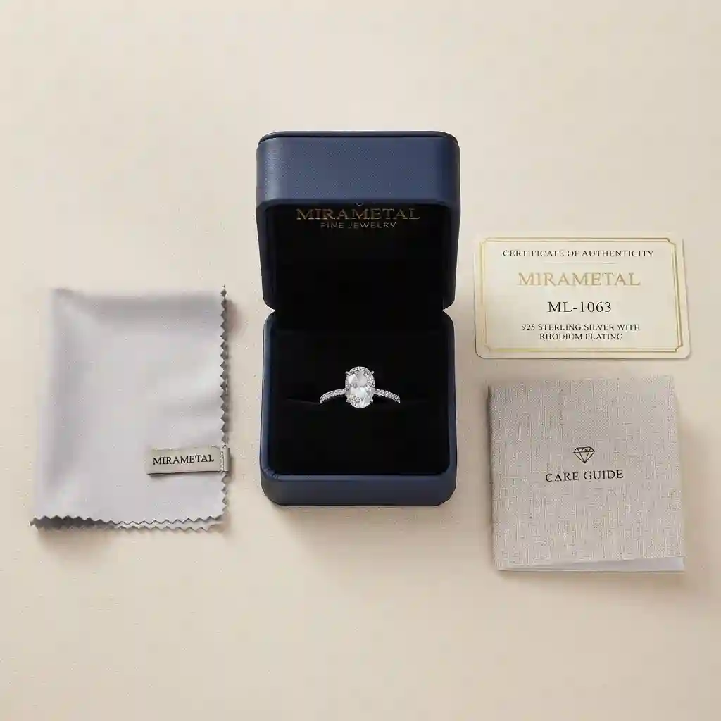 french vintage ring complete packaging set – 925 sterling silver oval ring with crystal center stone and pave diamond band in premium gift box with velvet insert, authenticity card, care guide, and polishing cloth – MIRAMETAL complete luxury jewelry packaging experience