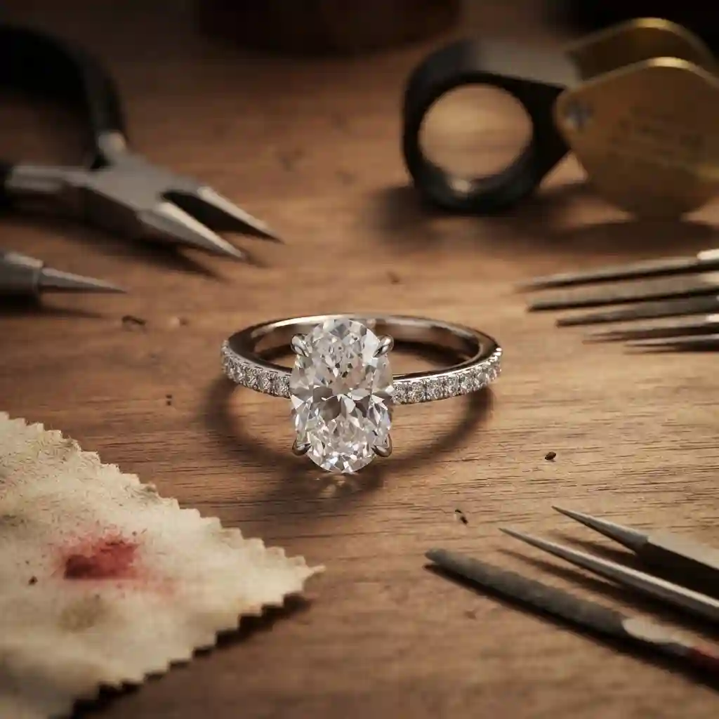 french vintage ring craftsmanship – 925 sterling silver ring with oval crystal and pave diamond band showcasing artisan jewelry making, handcrafted excellence with 15+ years of experience – MIRAMETAL quality craftsmanship process