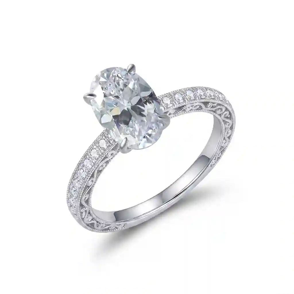 french vintage ring - ML-1063 French vintage oval ring 925 sterling silver with white crystal center stone and diamond accent band – MIRAMETAL luxury vintage style engagement ring