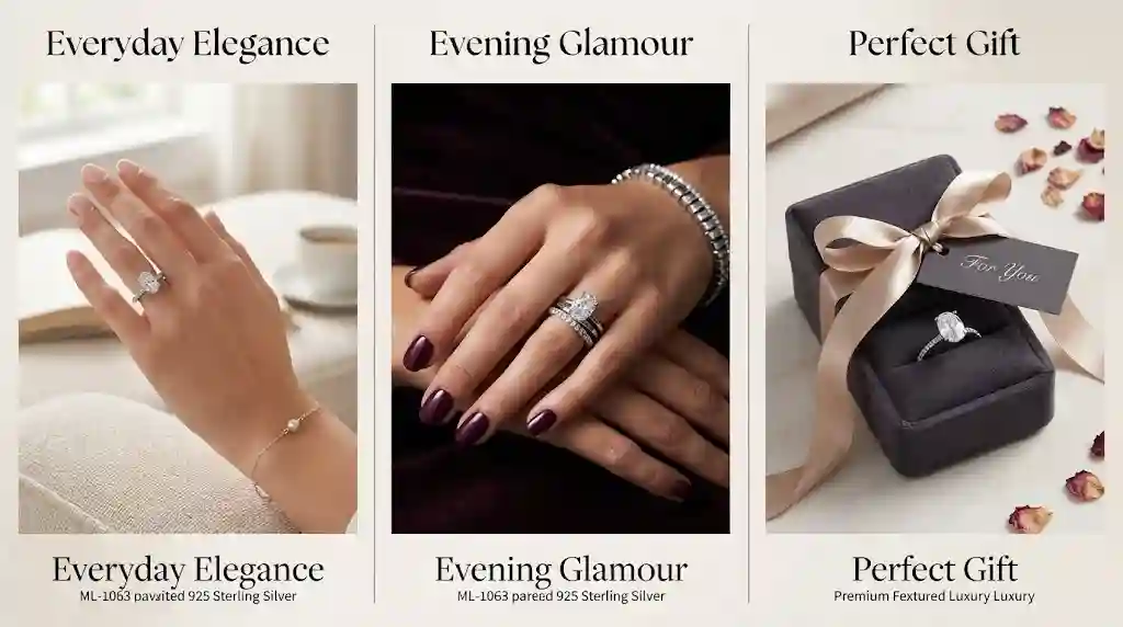 french vintage ring styling guide – 925 sterling silver oval ring with crystal center stone shown with minimalist bracelet for everyday elegance, stacked with complementary rings for evening glamour, and packaged for perfect gifting occasions – MIRAMETAL jewelry styling inspiration