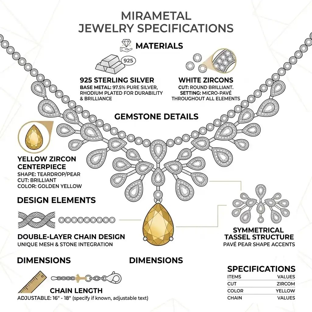 925 sterling silver yellow zircon tassel necklace specifications