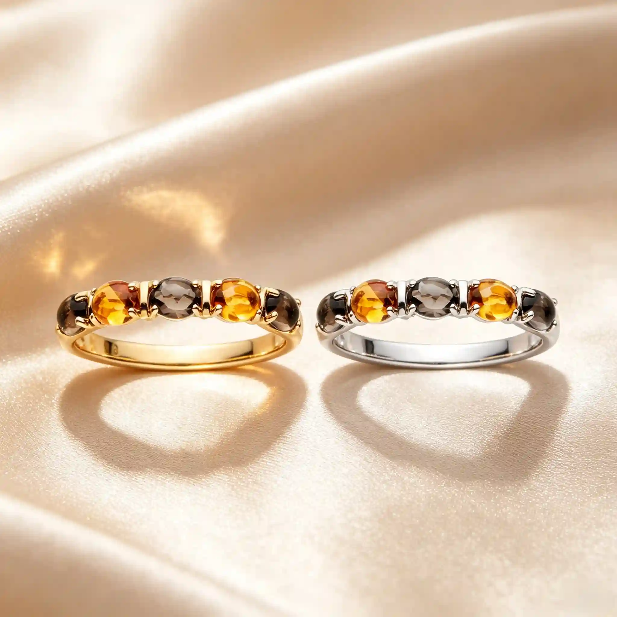 MIRAMETAL band ring color comparison 18K yellow gold white rhodium smoky quartz citrine - crystal stacking ring