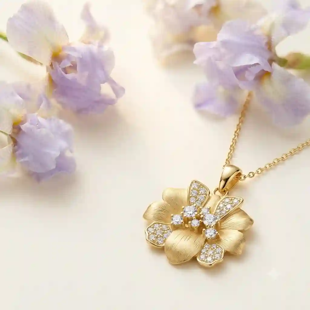 Silver moissanite pendant iris flower necklace 18K gold plated design story