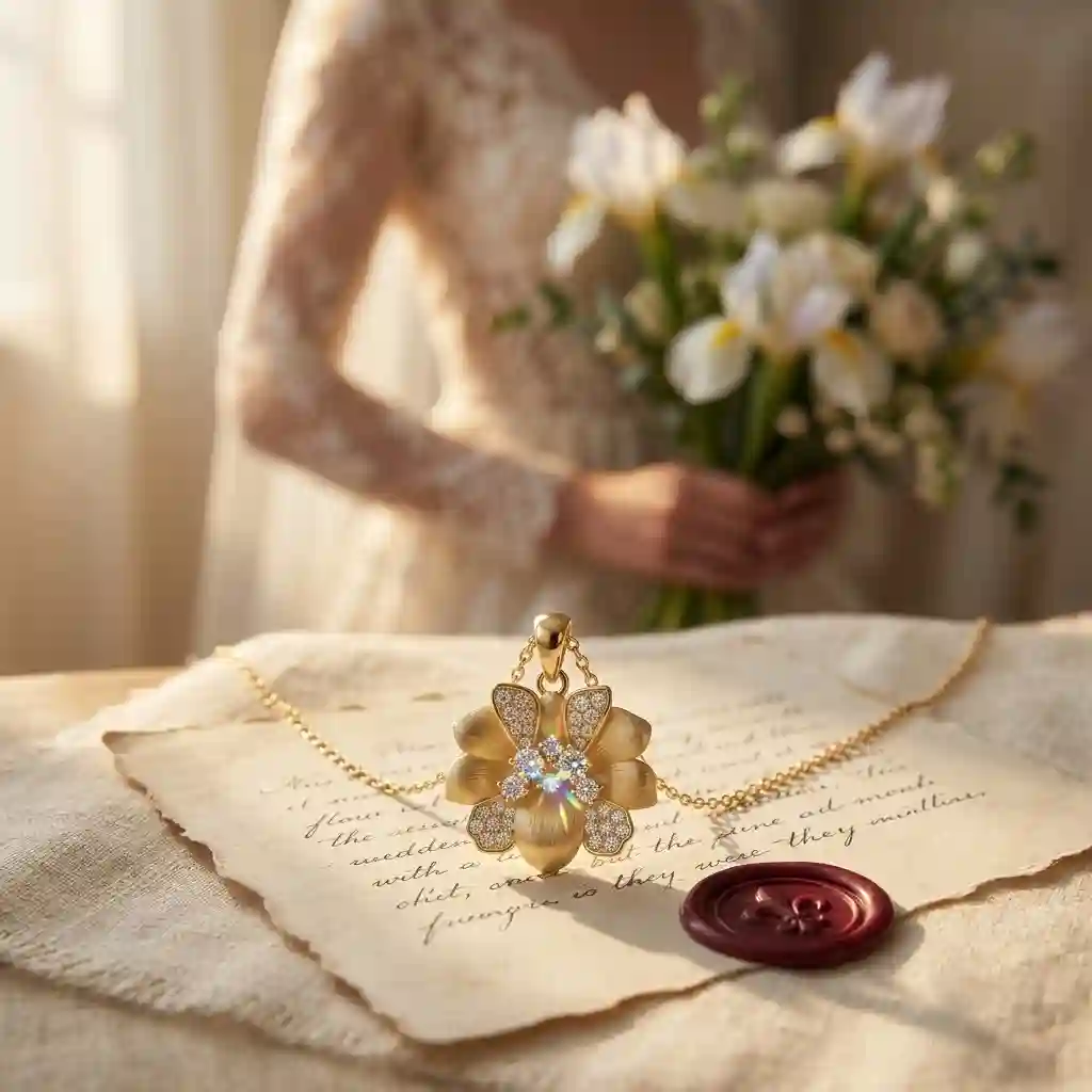 Silver moissanite pendant iris flower emotional story close-up petals