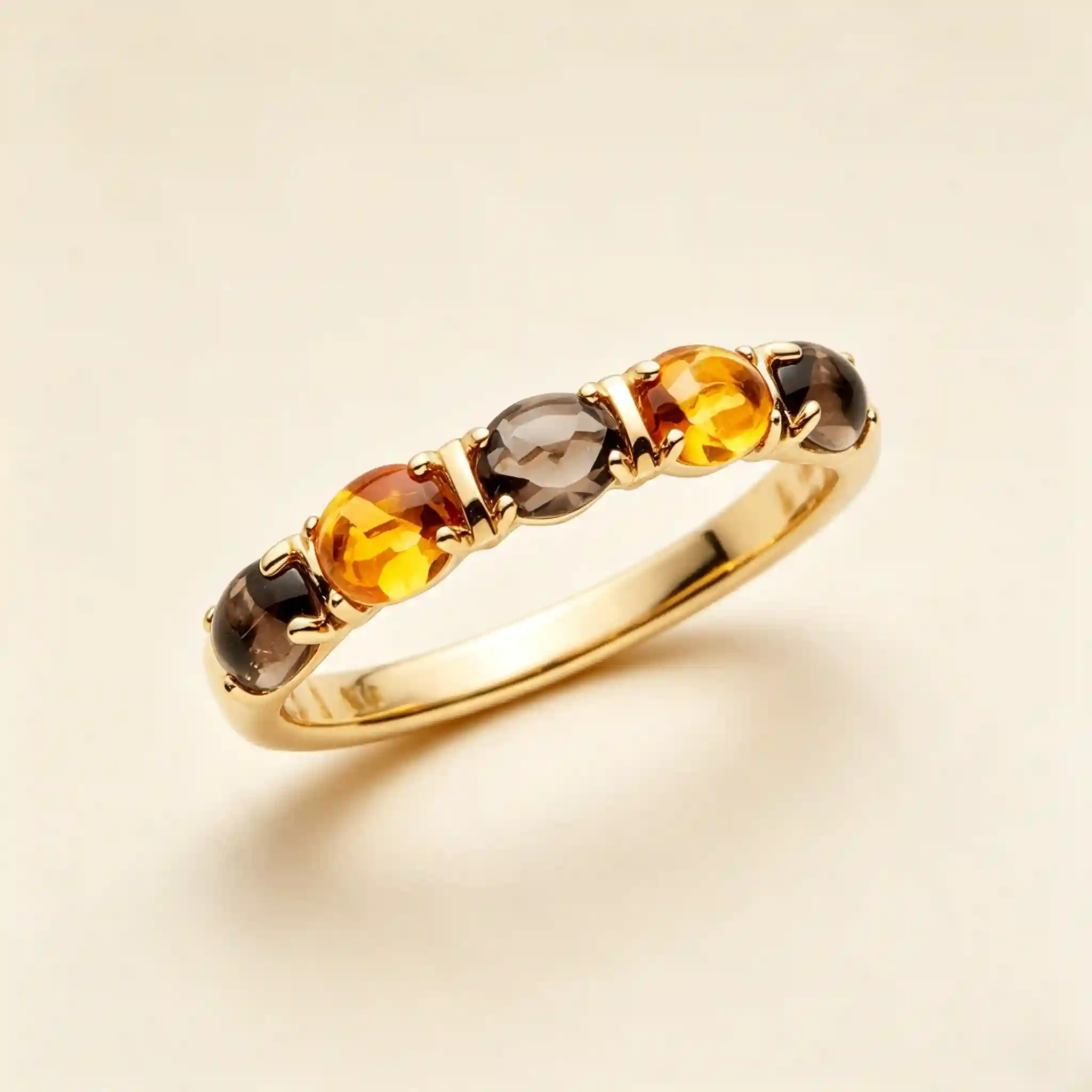 MIRAMETAL 5-stone band ring smoky quartz citrine 18K gold prong setting warm gemstone - crystal stacking ring