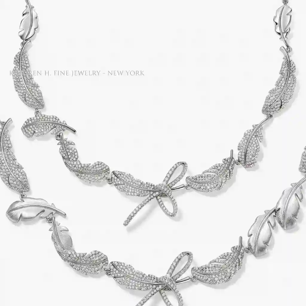 Macro close-up ML-21217 ribbon bow micro-pavé CZ setting sparkling feather necklace detail