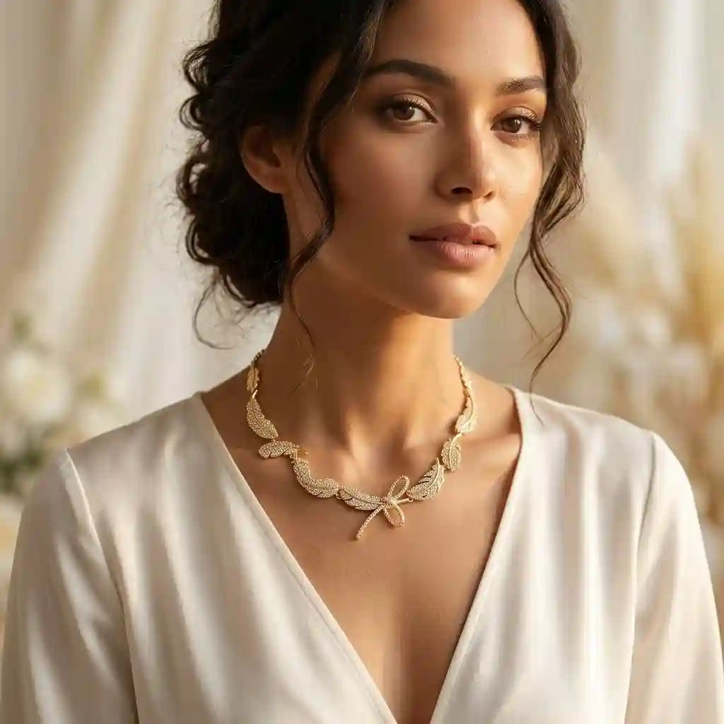 Woman wearing ML-21217 sparkling feather ribbon bow necklace collarbone micro-pavé CZ bridal jewelry - sparkling feather necklace