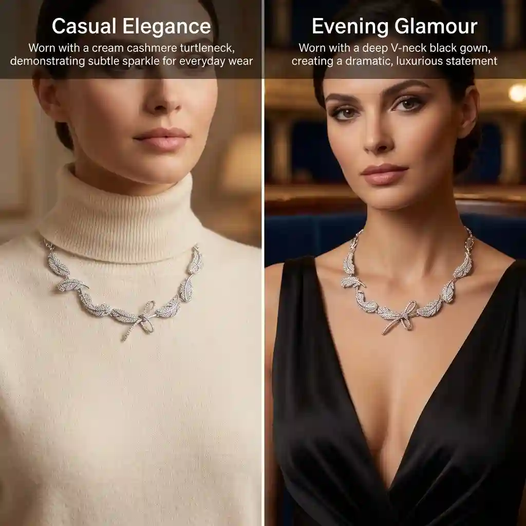 ML-21217 sparkling feather necklace styling comparison everyday casual vs evening elegant micro-pavé