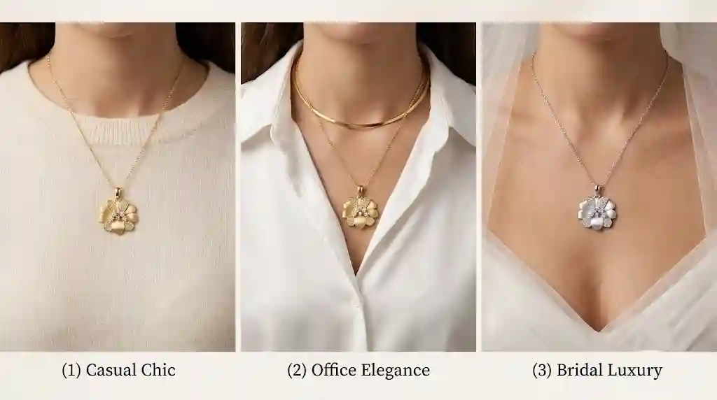 Silver moissanite pendant iris necklace styling guide with outfit inspiration