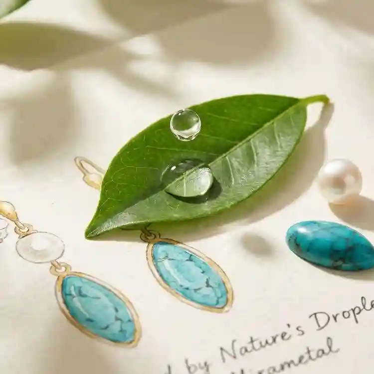 MIRAMETAL water-drop design story gold plated drop earrings with natural pearl turquoise inspiration from nature