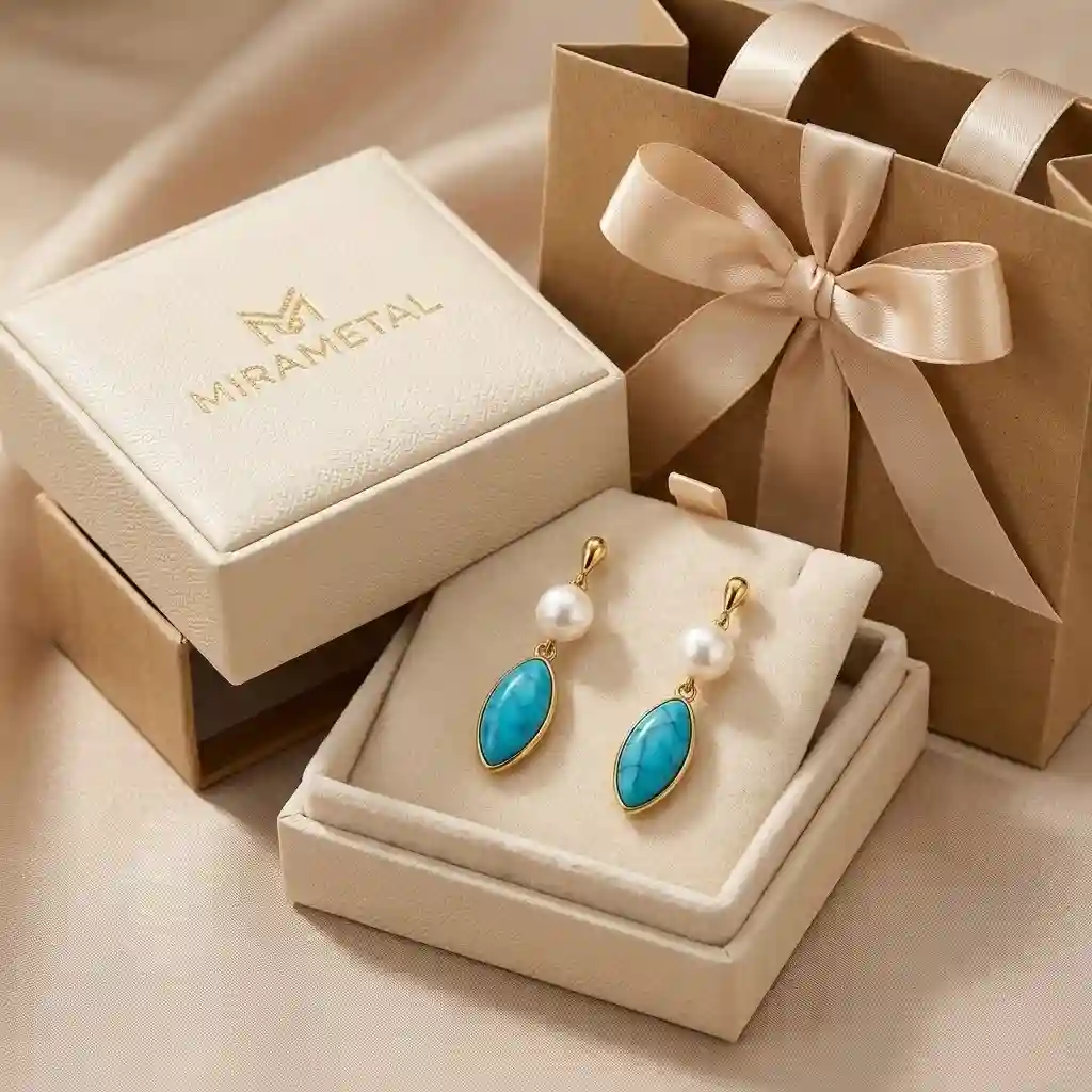 MIRAMETAL gold plated drop earrings in luxury gift box packaging pearl turquoise jewelry gift for her
