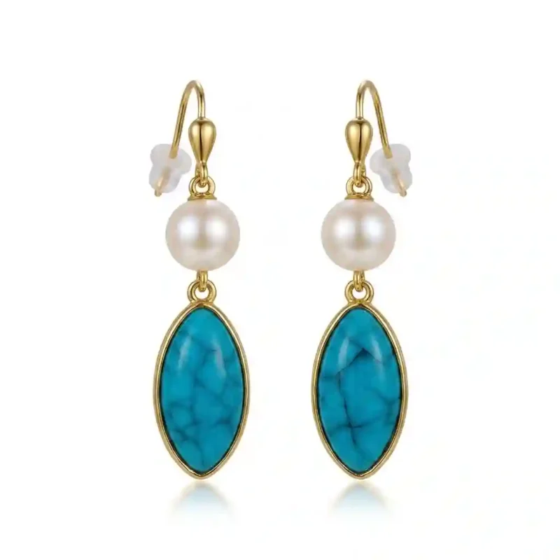 MIRAMETAL ML-23351A gold plated drop earrings 925 silver natural pearl turquoise water-drop design office OL style jewelry