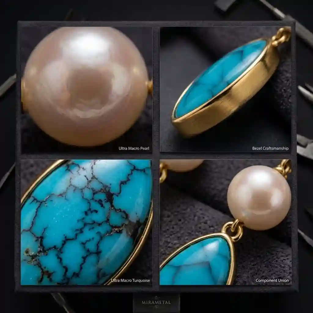 MIRAMETAL ML-23351A gold plated drop earrings macro detail natural pearl turquoise 925 sterling silver K-gold