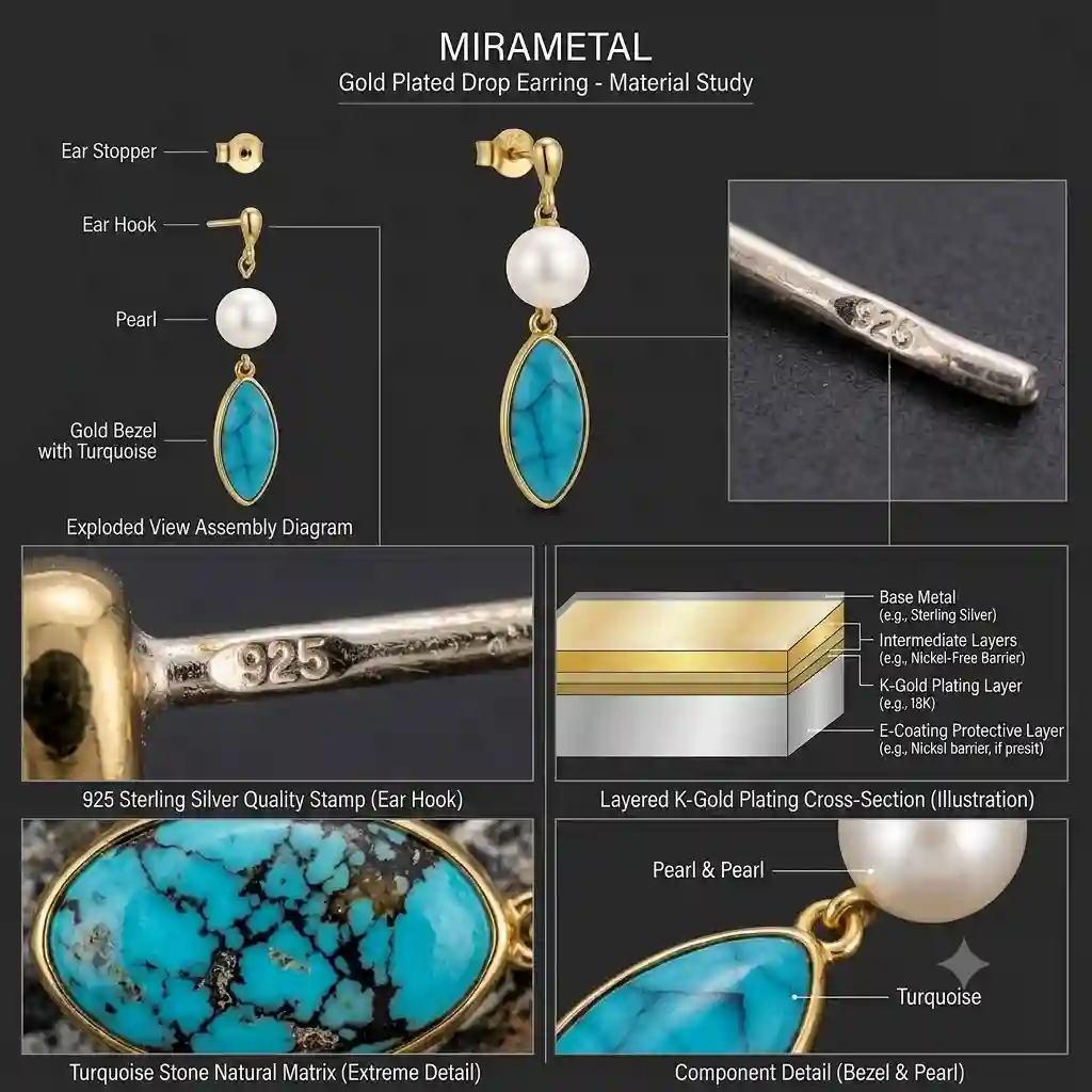 MIRAMETAL ML-23351A gold plated drop earrings 925 sterling silver K-gold plating natural pearl turquoise technical specification