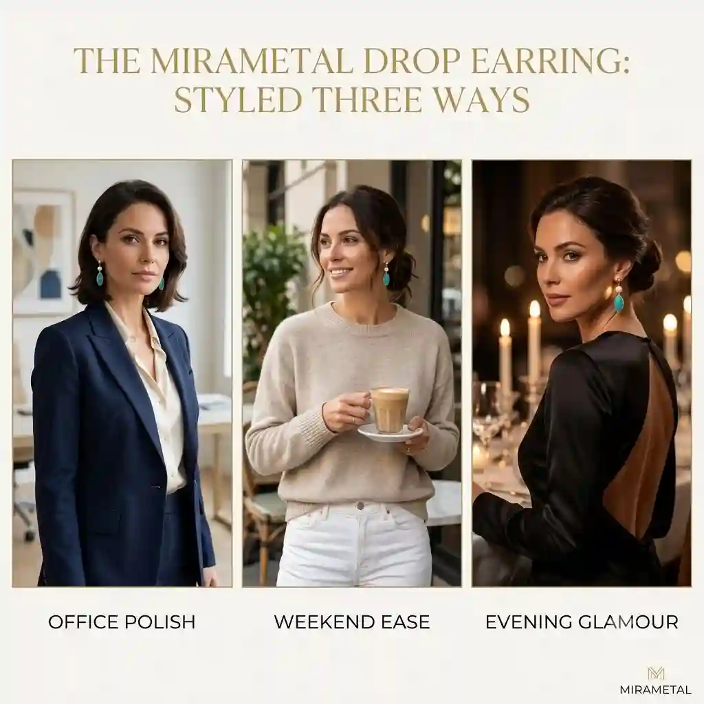 MIRAMETAL styling guide gold plated drop earrings office weekend evening outfit ideas pearl turquoise jewelry
