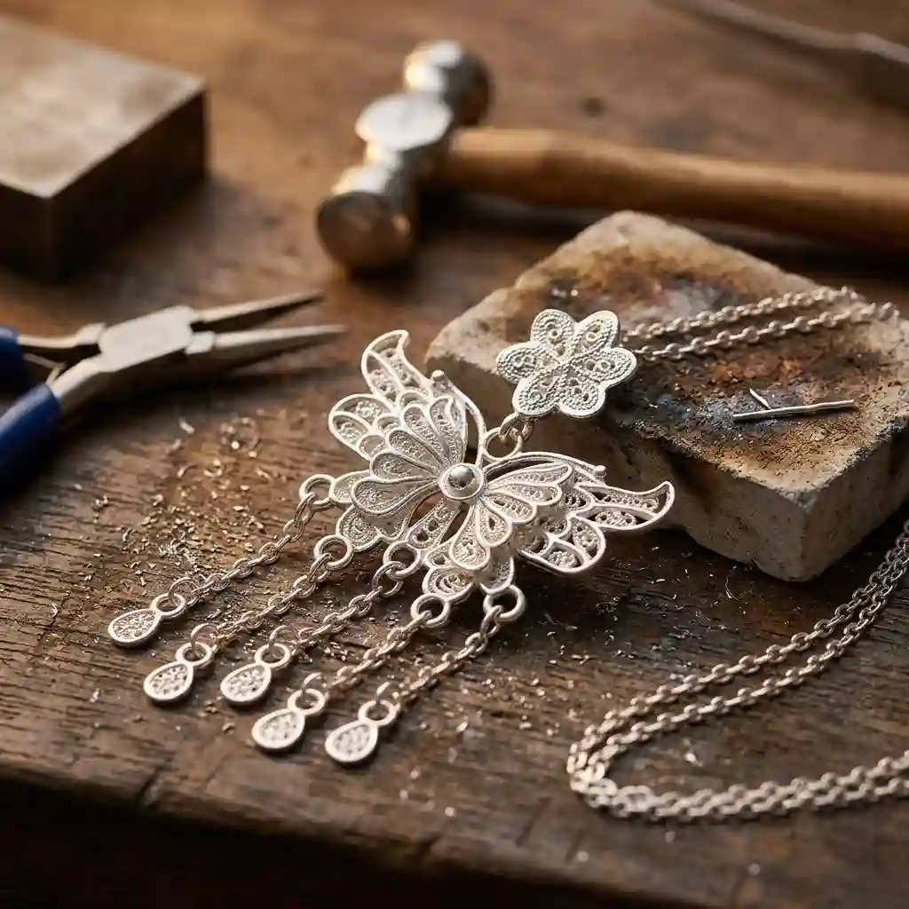 filigree jewelry wholesale Artisan filigree craftsmanship process of the handmade butterfly pendant necklace in sterling silver MIRAMETAL