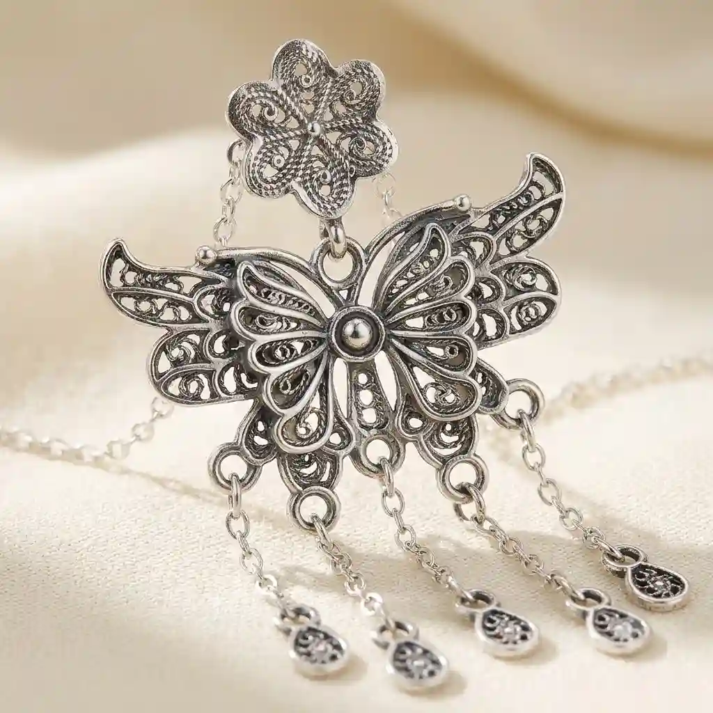 Extreme macro close-up of handmade filigree butterfly pendant showing intricate silver scrollwork and spiral patterns - MIRAMETAL ML-431 butterfly necklace