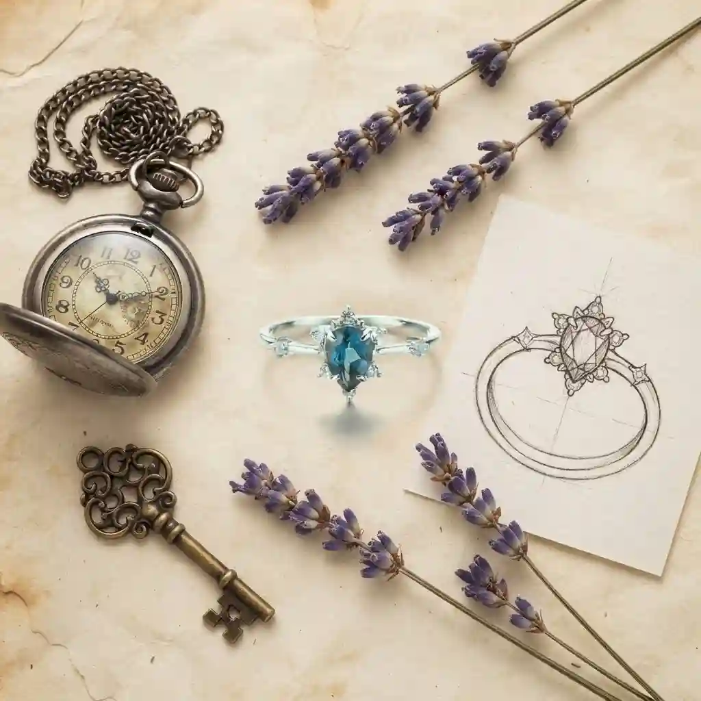 Vintage crown design story – London blue topaz ring with floral halo – MIRAMETAL ML-583 jewelry