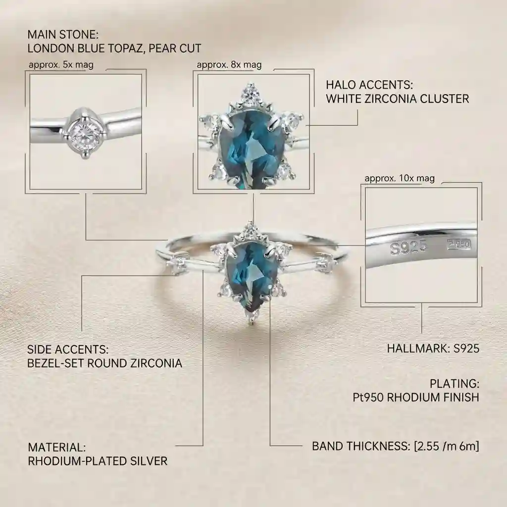 925 sterling silver topaz ring specs – pear-cut London blue topaz pavé – MIRAMETAL ML-583