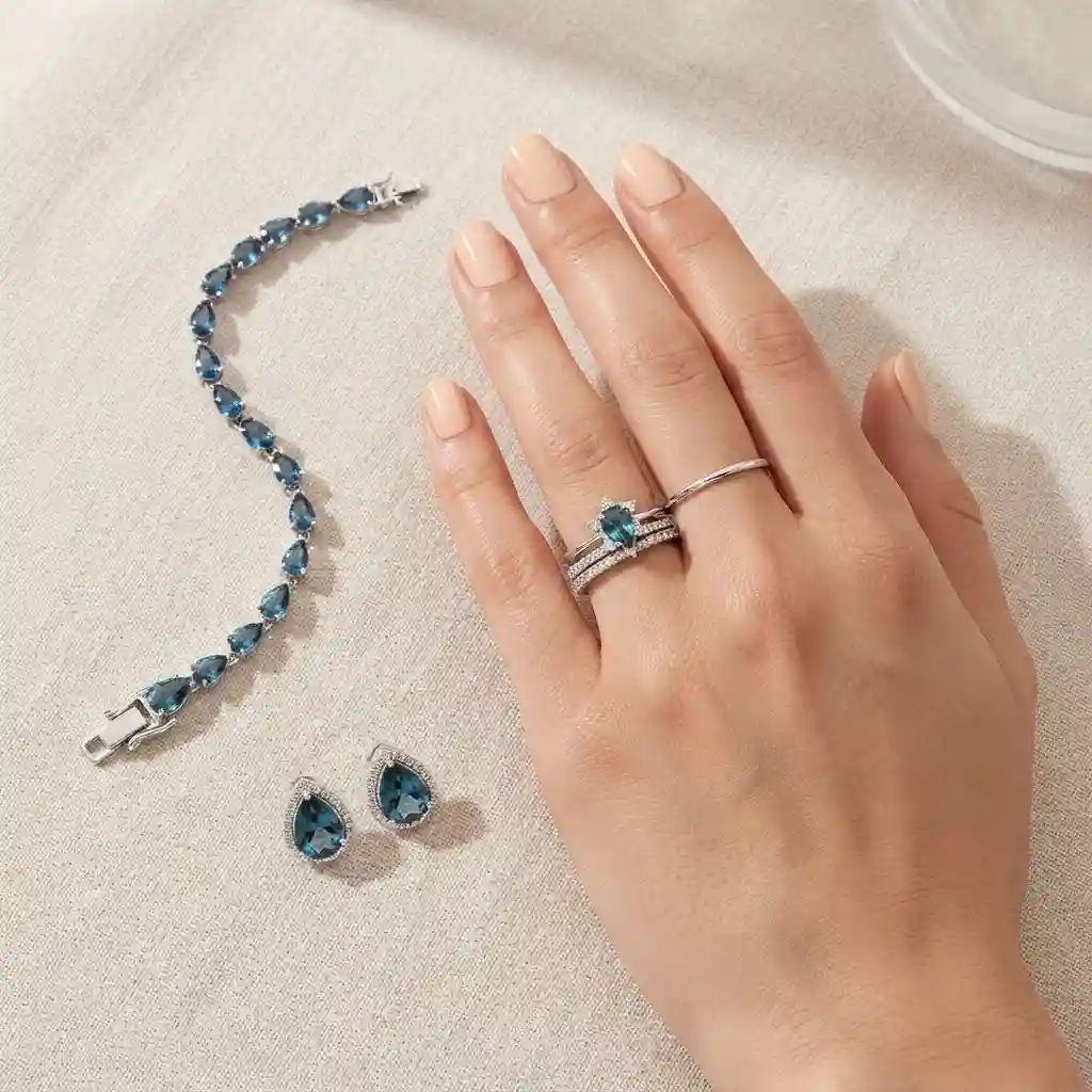 Style guide – London blue topaz ring with stacking bands and bracelet – MIRAMETAL ML-583