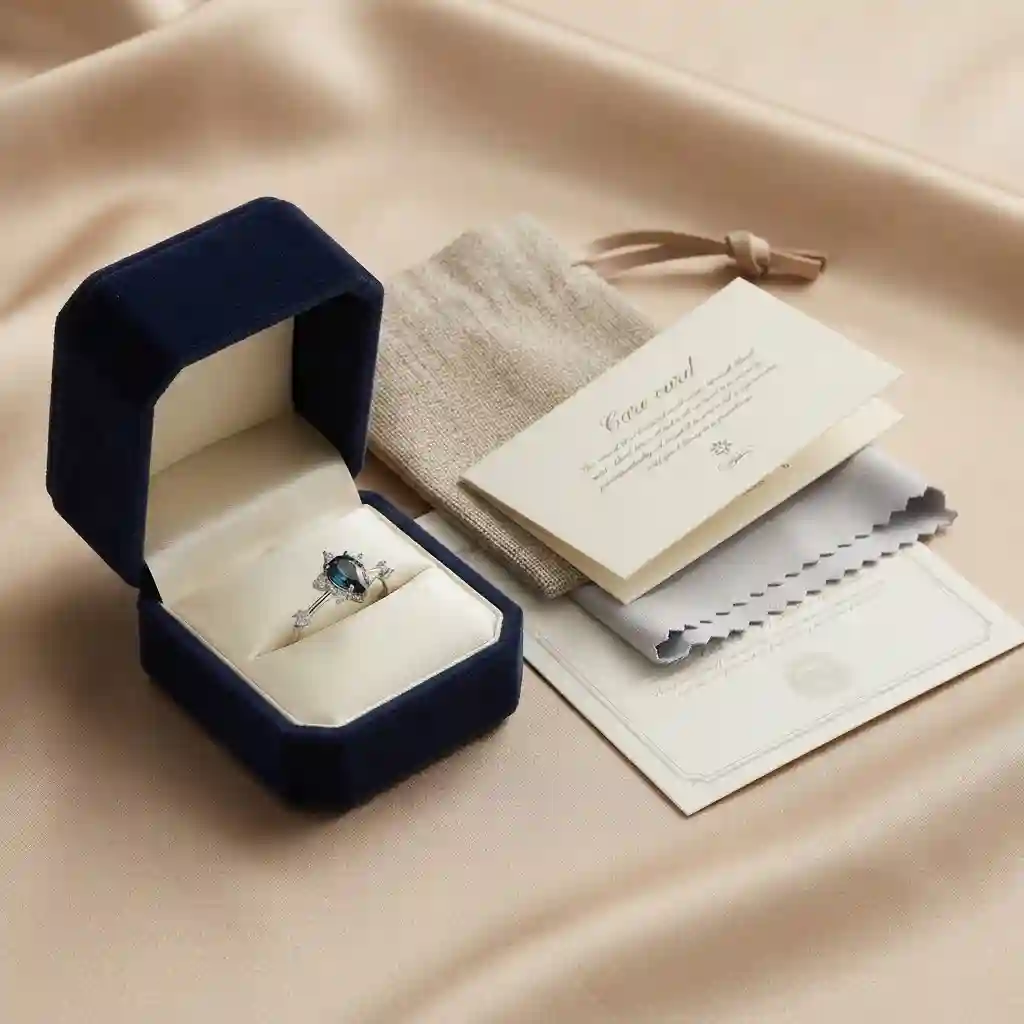 Complete packaging set for London blue topaz ring – gift box pouch and care card – MIRAMETAL ML-583