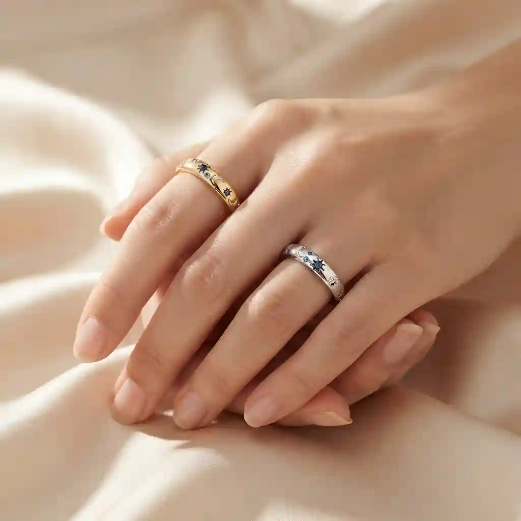 MIRAMETAL ML048 celestial sun moon couple ring stackable wedding band worn on finger lifestyle jewelry photography - celestial ring