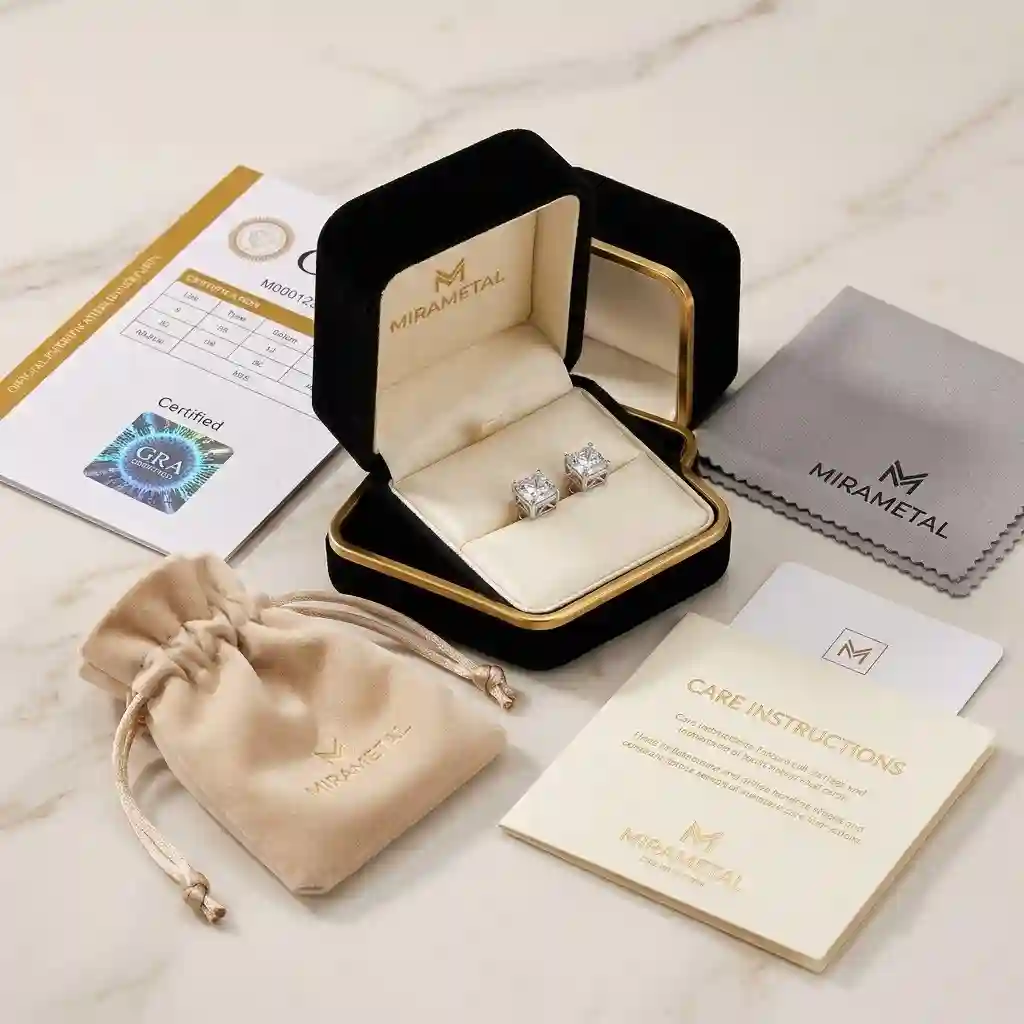 ML3066 MIRAMETAL complete packaging set - luxury ring box velvet pouch polishing cloth and GRA certification for square moissanite stud earrings