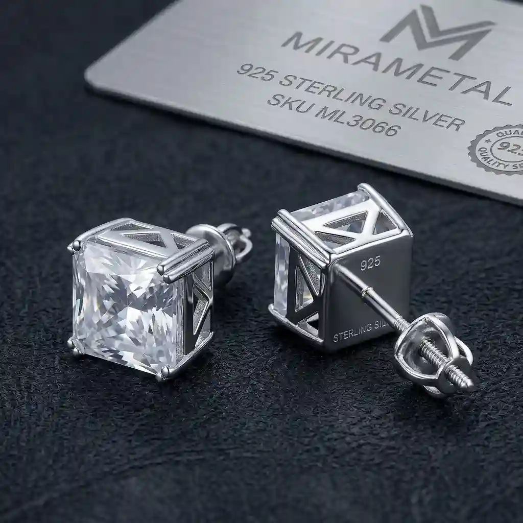 ML3066 MIRAMETAL 925 sterling silver square moissanite stud earrings showing rhodium plating and secure screw-back closure mechanism