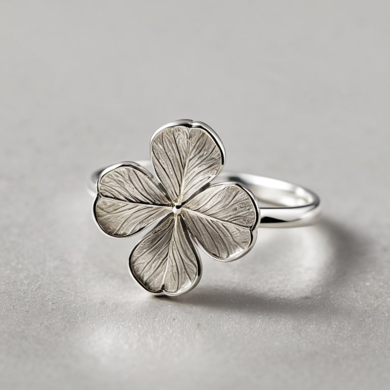 Sterling silver four-leaf clover ring macro showing fine leaf detail and veining