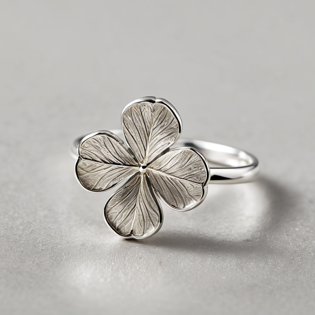 Sterling silver four-leaf clover ring macro showing fine leaf detail and veining