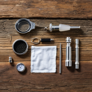 Sterling silver authentication tool kit flat lay: loupe, magnet, scale, polishing cloth