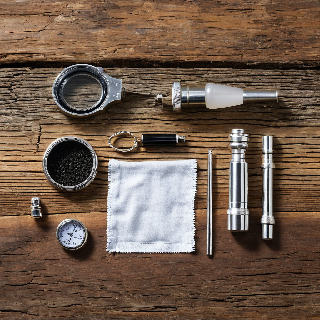 Sterling silver authentication tool kit flat lay: loupe, magnet, scale, polishing cloth