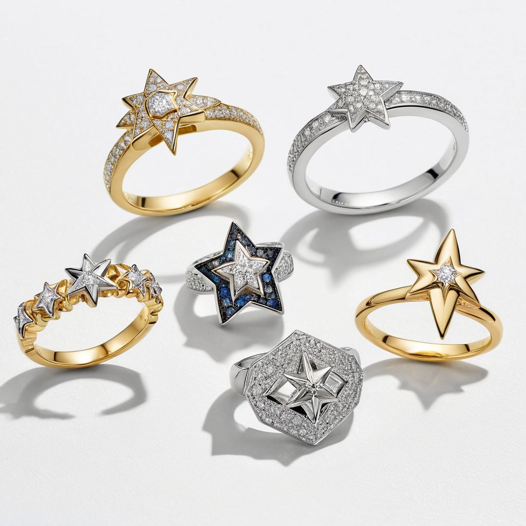Star ring styles collection grid: 8 designs including stack set, constellation, cluster